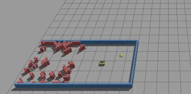 BARN world 155: red block obstacles arranged along the arena's length