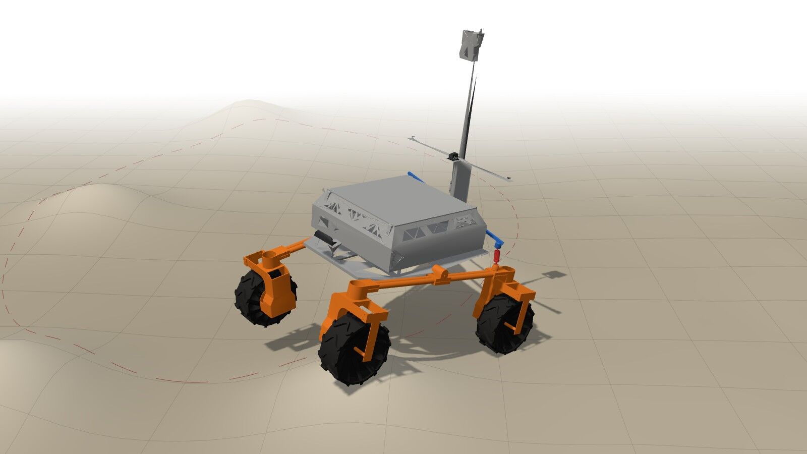 The Mongol-Tori rocker-differential rover on a synthetic heightfield, rendered from its Fusion 360 CAD